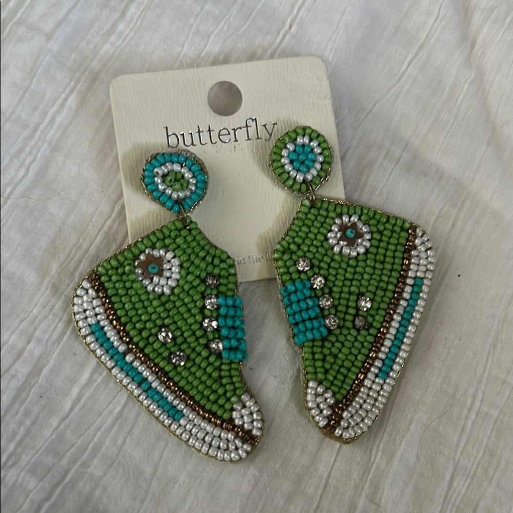 Tennis shoe style Green and Blue Beaded Earrings